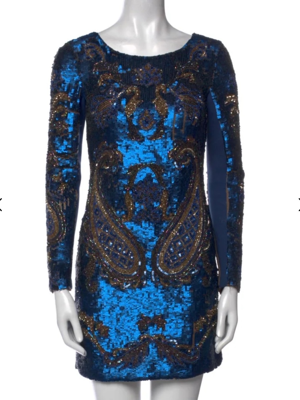 Needle & Thread Blue & Gold Hand Embellished Sequin Mini Dress Size US 4 EU 36